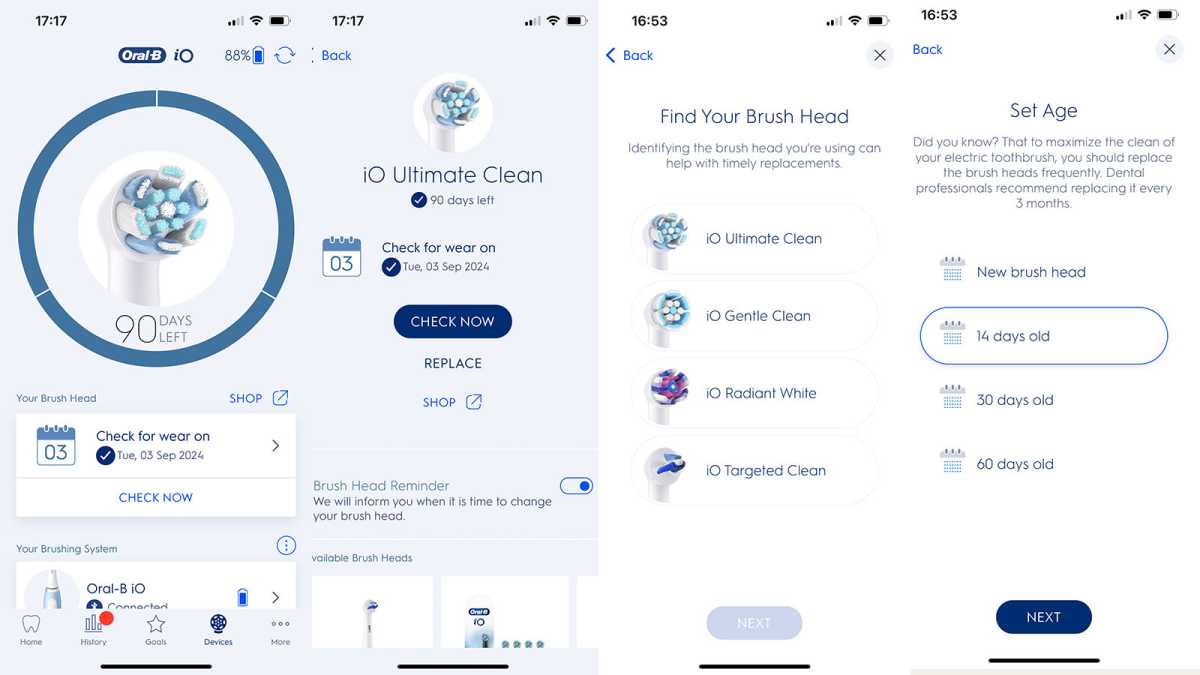 Screenshots from the Oral-B app, showing the process for setting up a new brush head