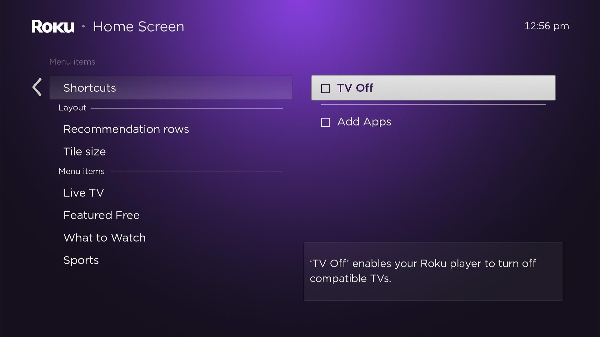 Roku Shortcuts menu option