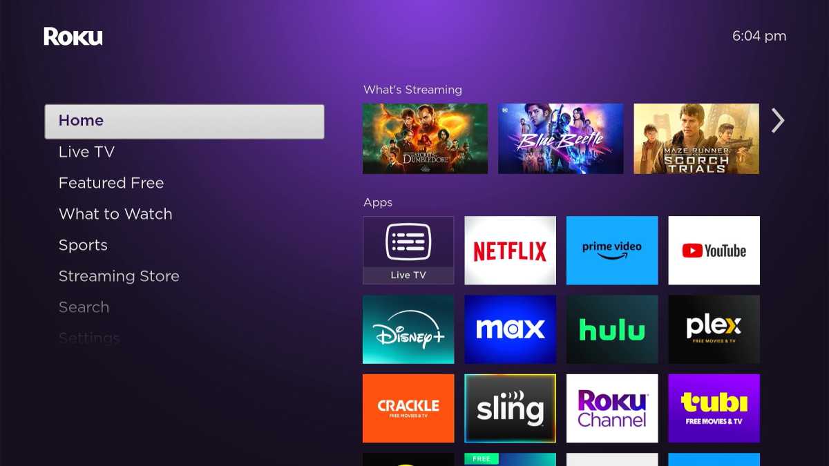 Cuadrícula de aplicaciones de Roku con "que es la transmision" fila de tres mosaicos de contenido en la parte superior