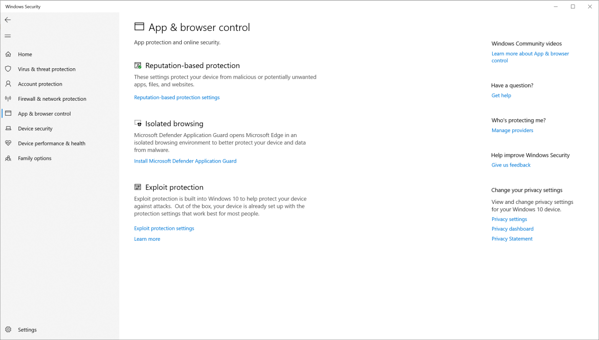 Windows Security App & Browser Control