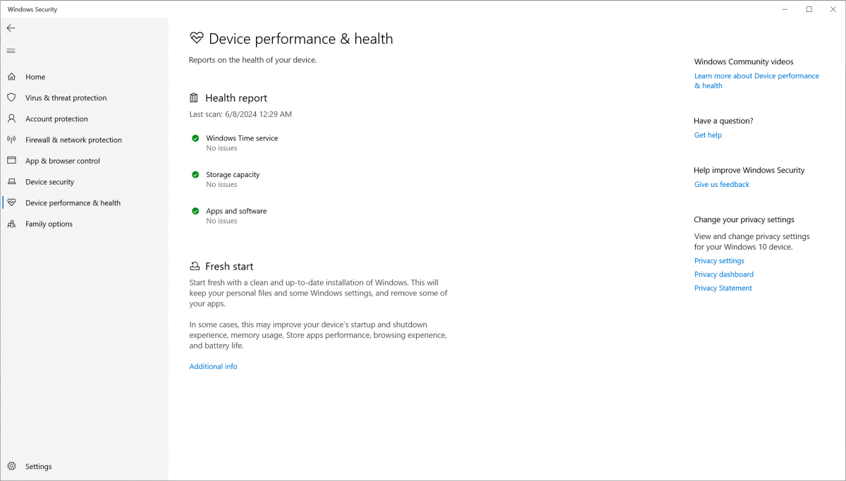 Windows Security Device Performance & Health screen