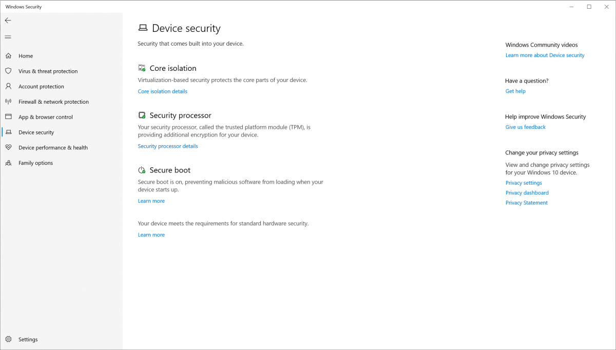 Windows Security Device Security screen