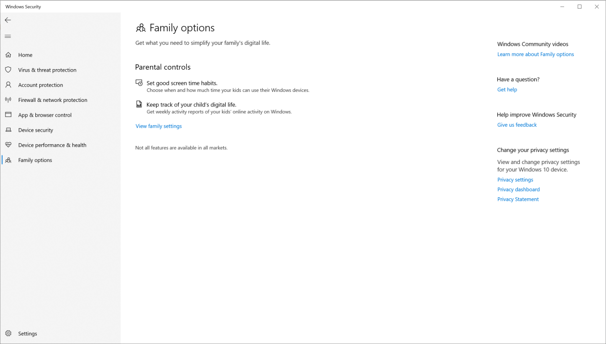 Windows Security Family options screen