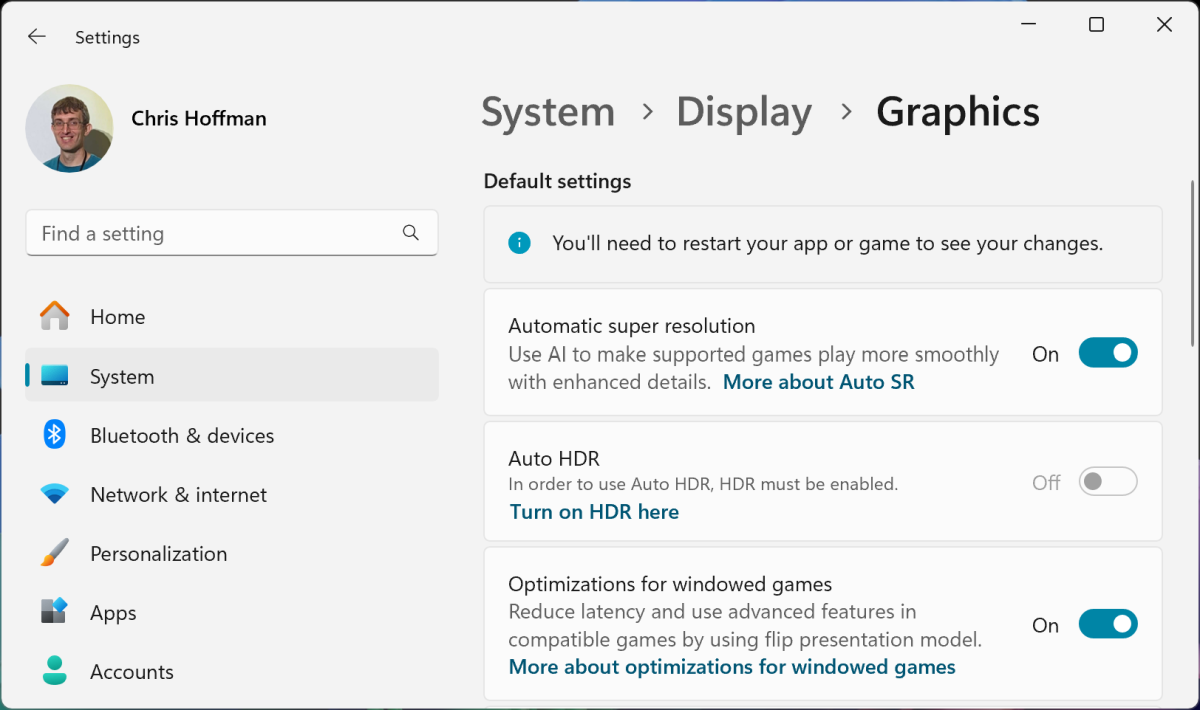 Automatic Super Resolution in Windows 11 Settings Display Graphics