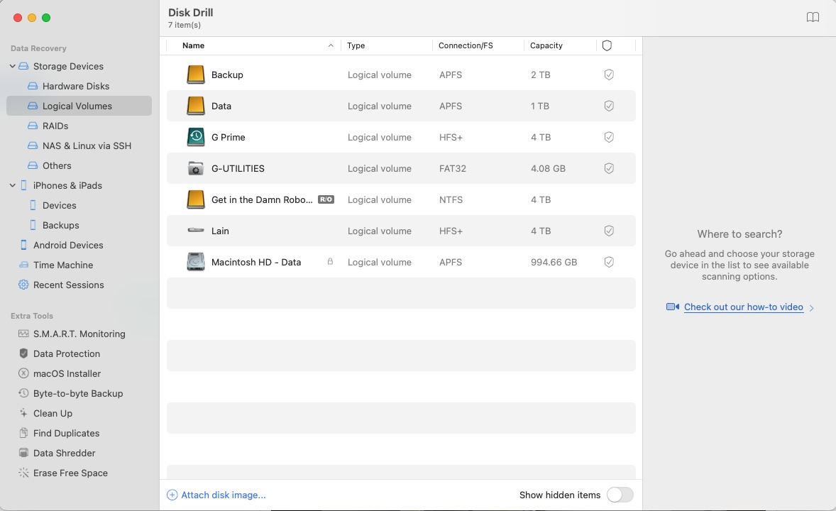 DiskDrillPro2 Logical volumes that can be worked with in Disk Drill Pro