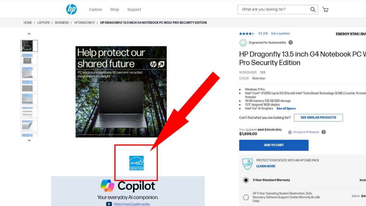 Energy Star label example for HP Dragonfly laptop product page