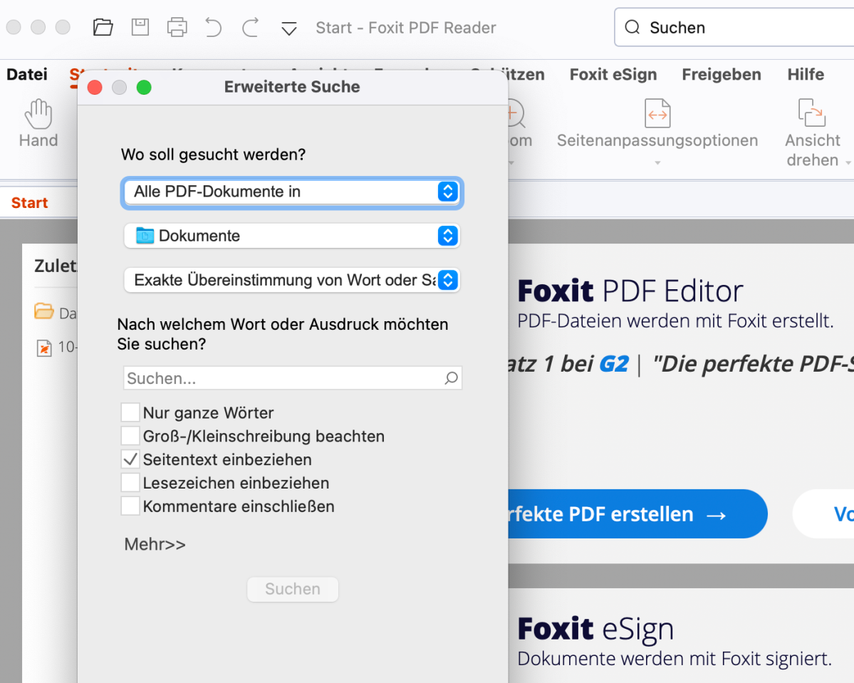 Erweiterte Suche im Foxit Reader