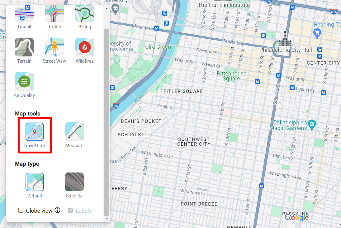 Google Maps screenshot highlighting Travel Time feature