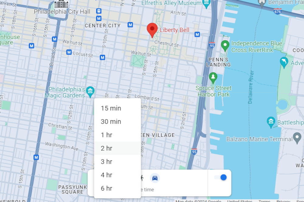 Google Maps screenshot showing Travel Time duration options