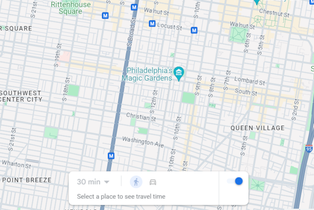 Google Maps screenshot showing Travel Time feature enabled