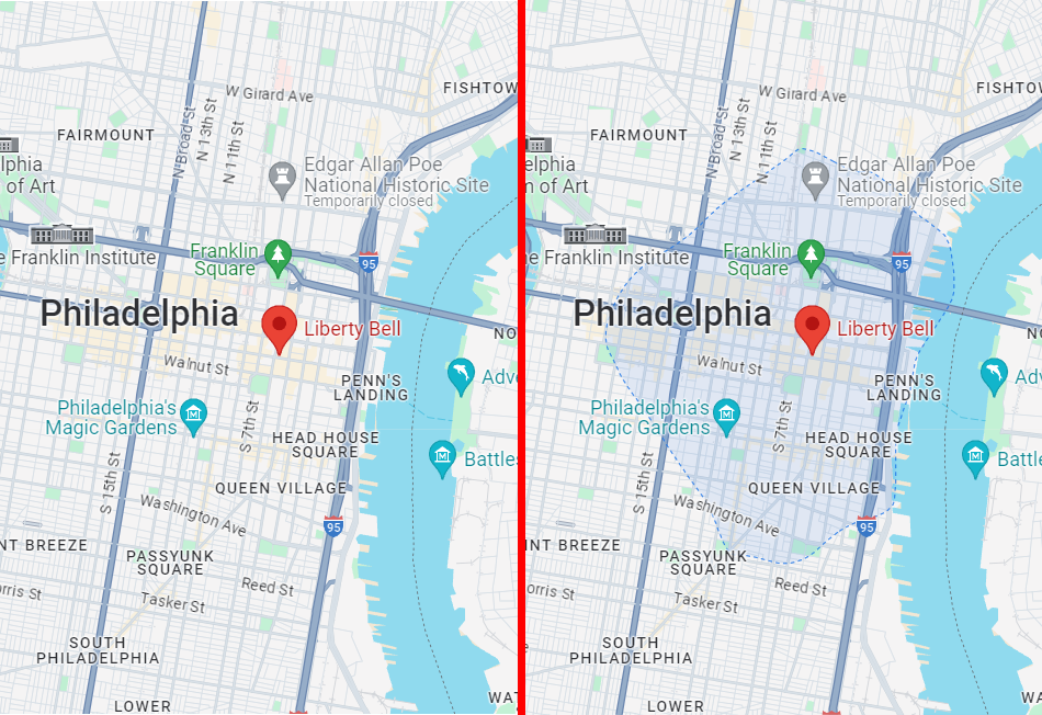 Google Maps screenshot showing Travel Time on and off comparison