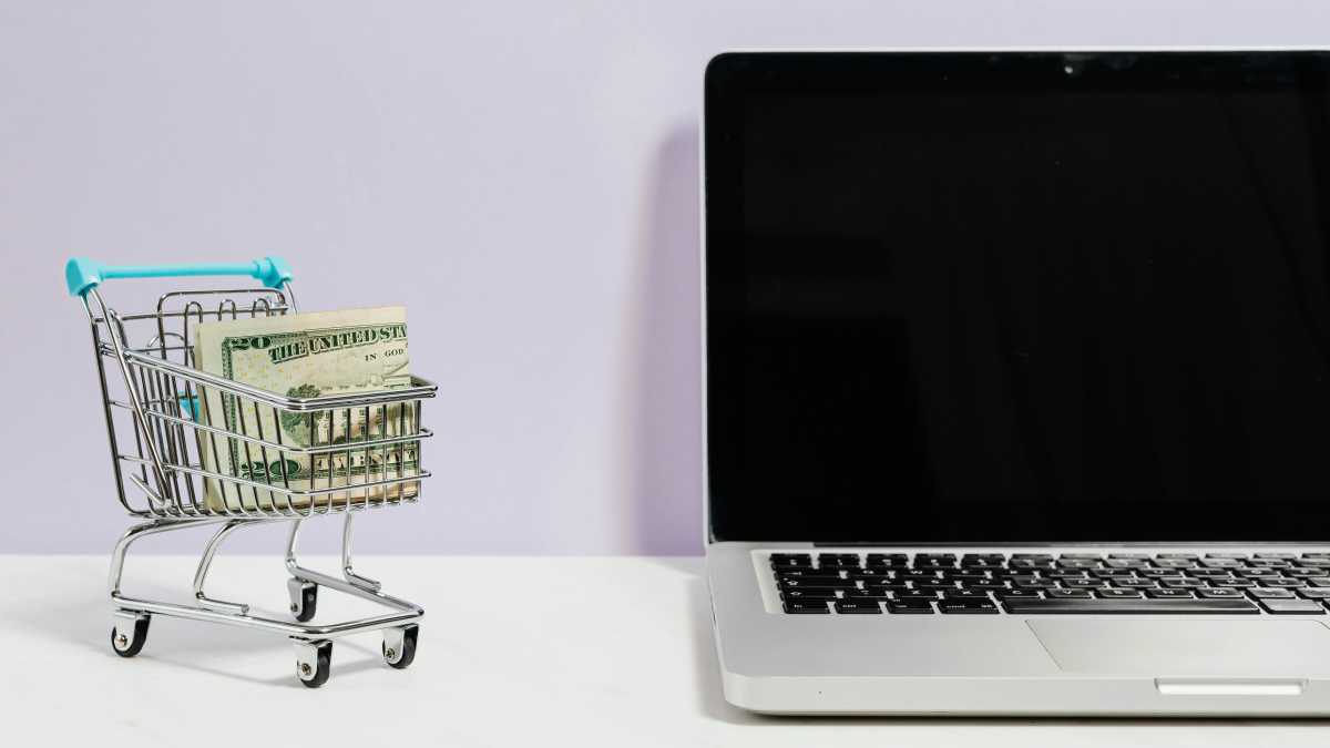 Laptop with blank screen and shopping cart of cash next to it