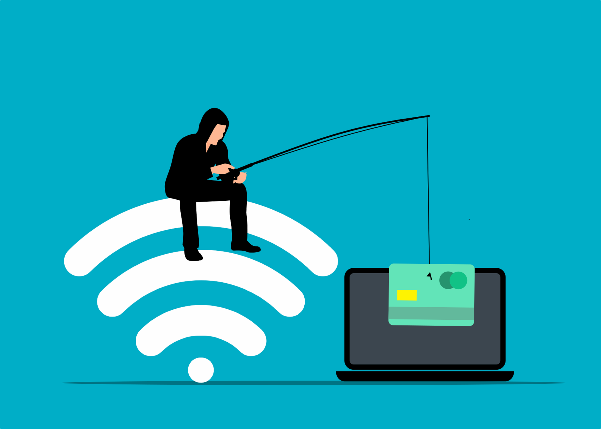 Man sitting on Wi-Fi network performing phishing scam for credit card