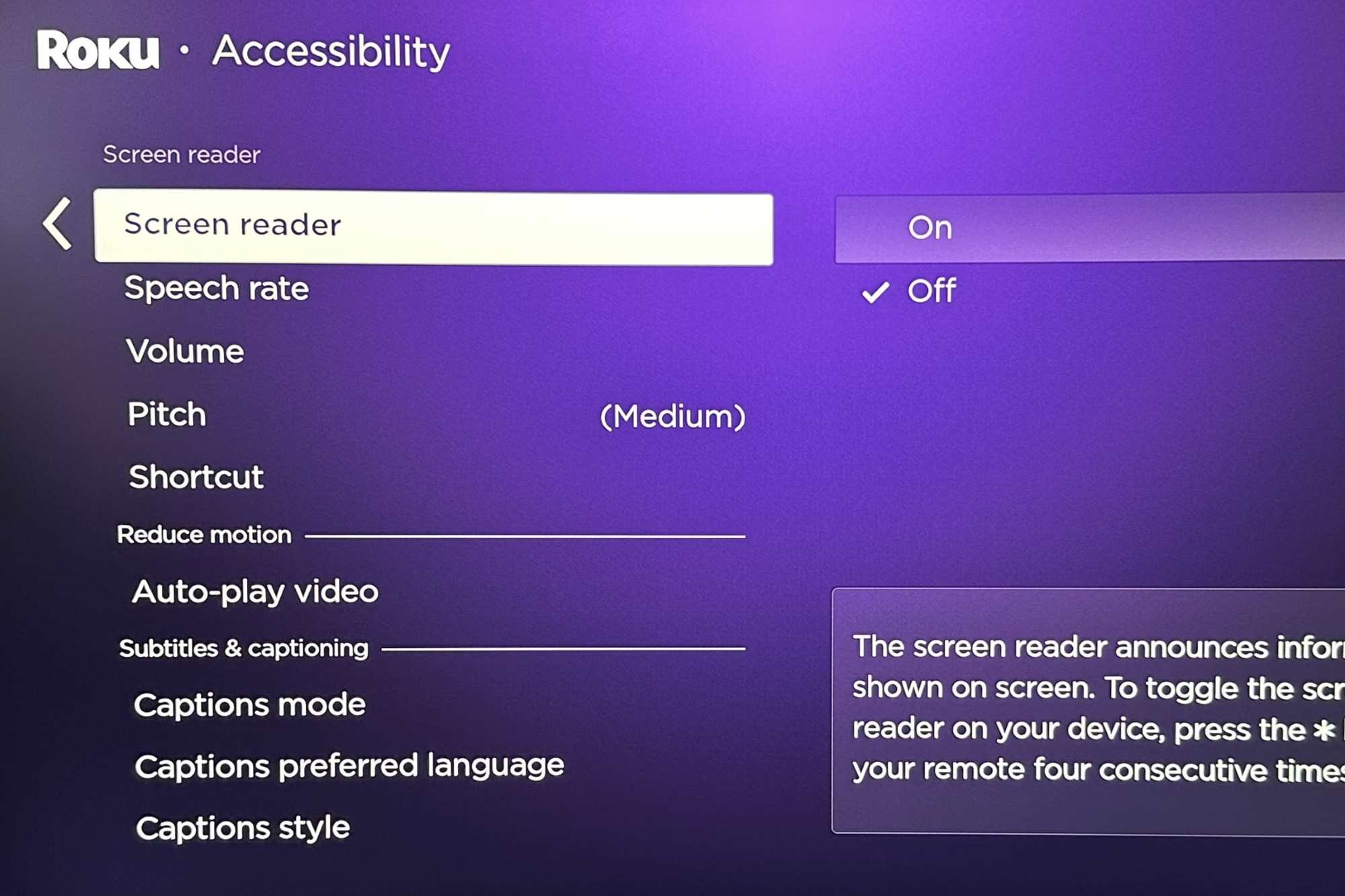 Roku screen reader setting