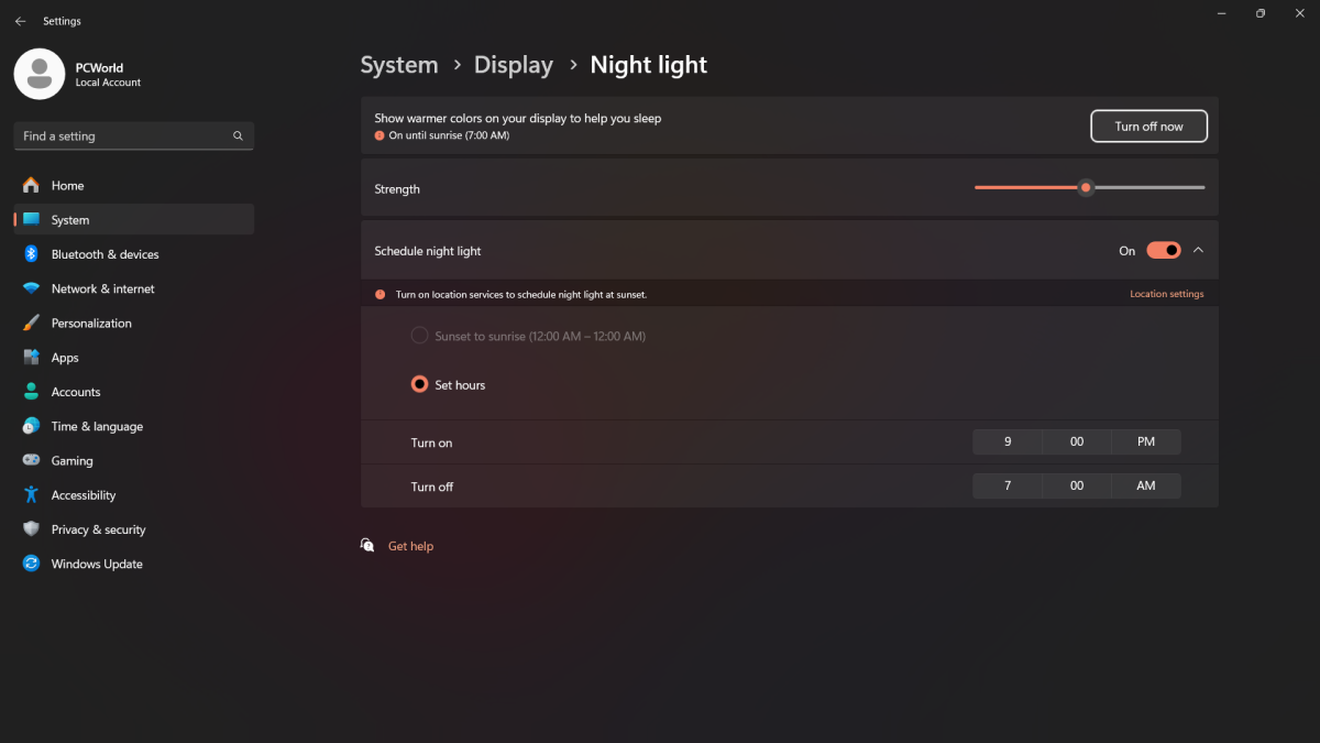 Windows 11 Night Light settings