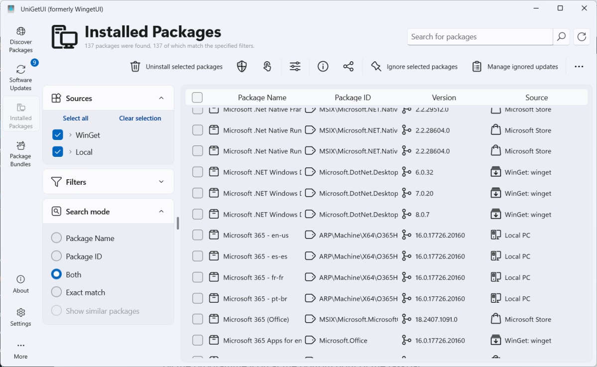 UniGetUI screenshot for Installed Packages section