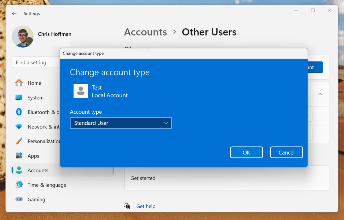 Windows 11 Standard user account type example