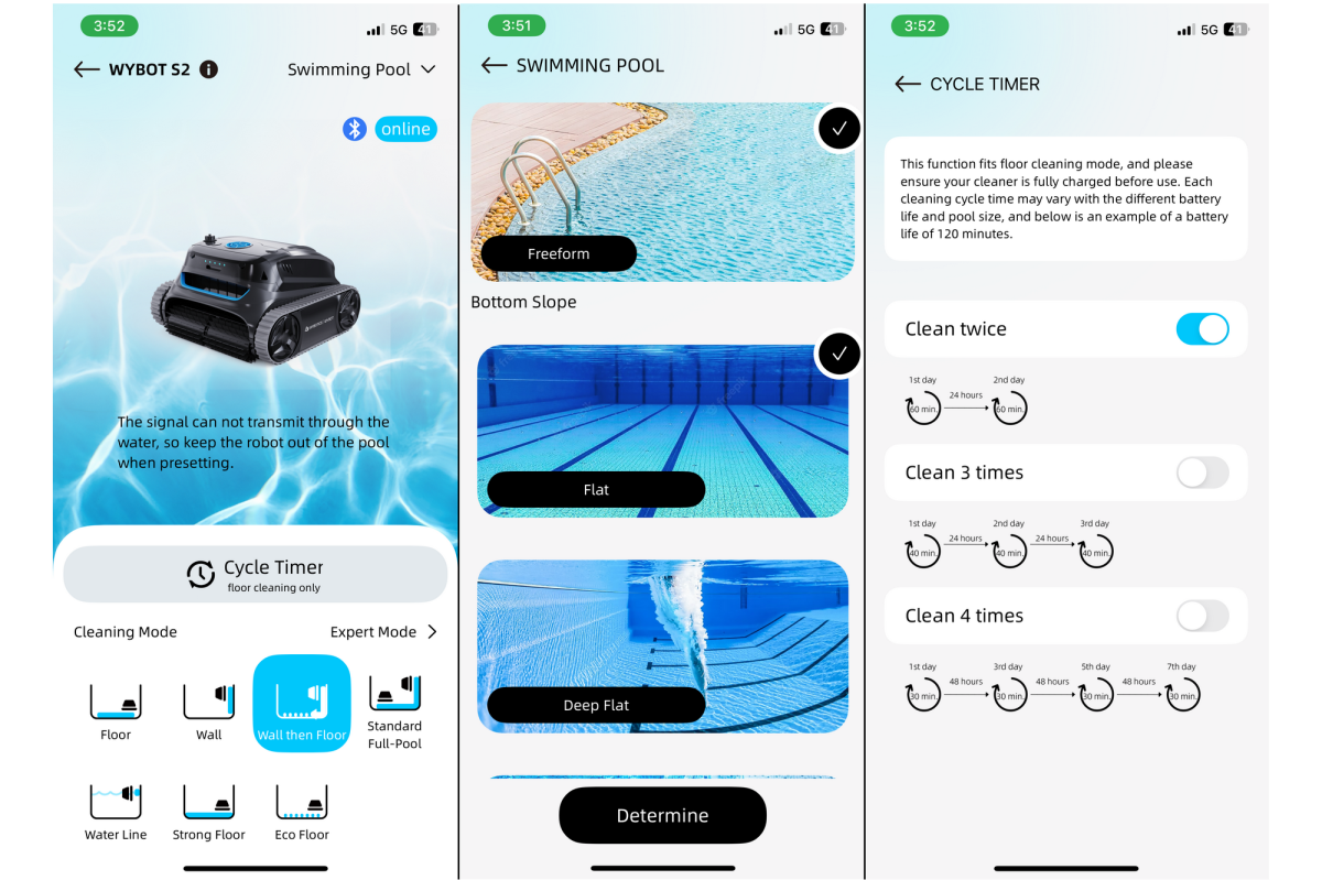 Wybot S2 robotic pool cleaner app screenshots