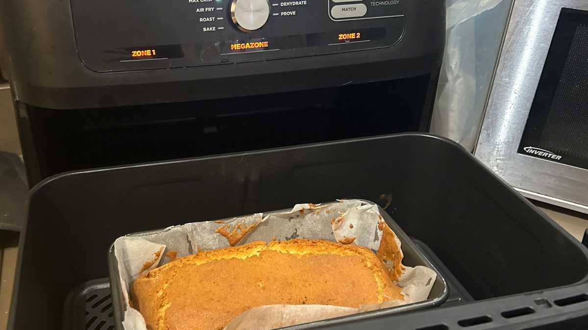 Cake in an open air fryer drawer