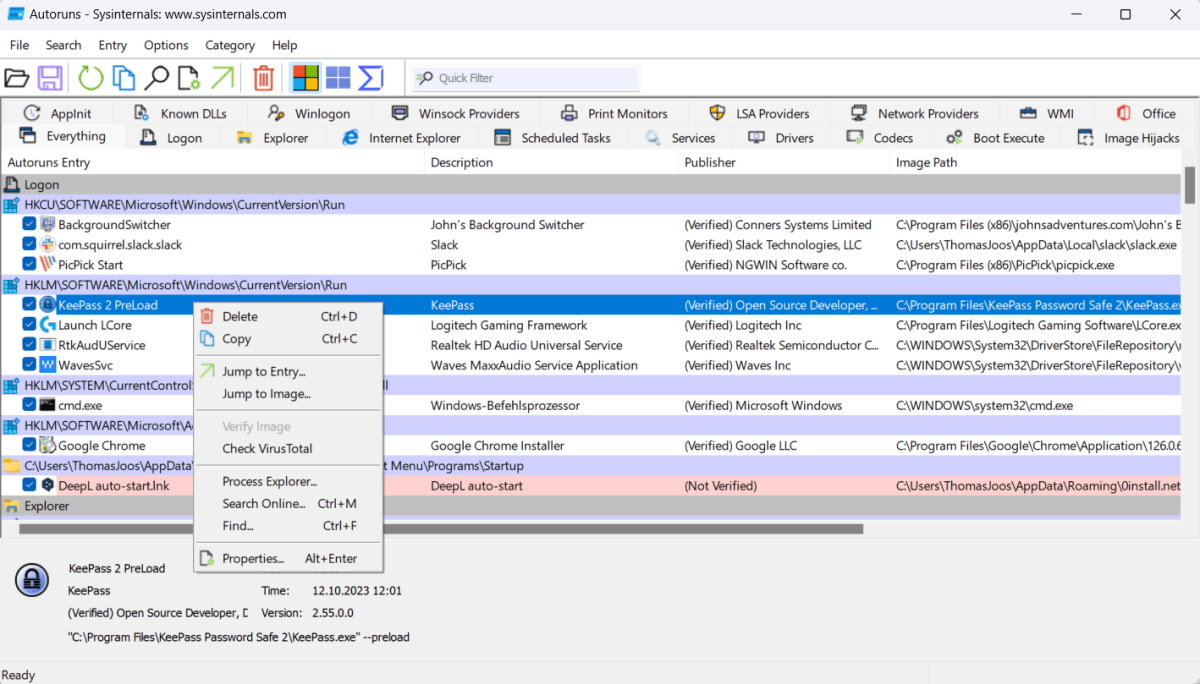 Autoruns identifiziert Autostart-Programme in Windows und kann diese deaktivieren