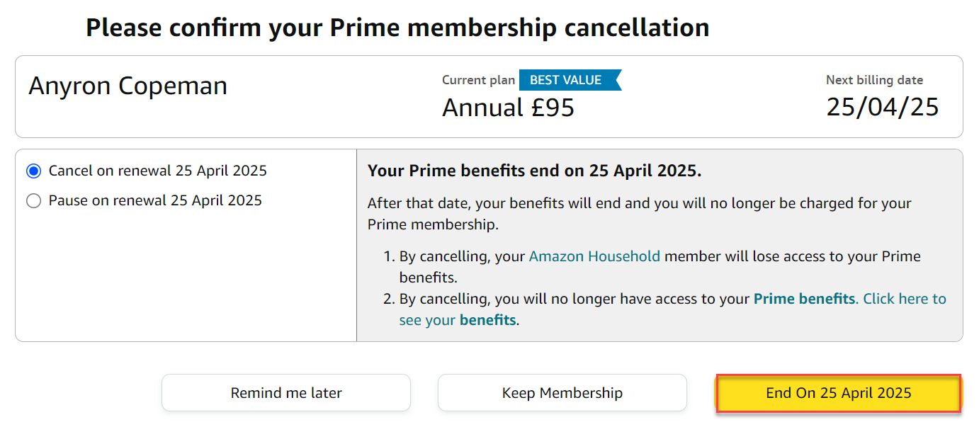 Cancel Amazon Prime screenshots