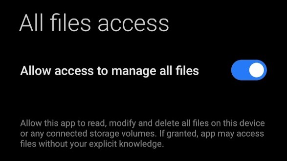 Allow access to manage all files toggle Android