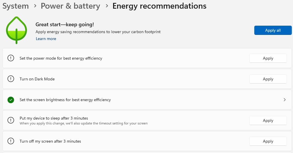 Windows Energy Recommendations