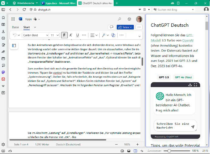 Der Vivaldi-Browser erlaubt die Darstellung der geöffneten Tabs in nebeneinander liegenden Kacheln. Auf diese Weise können Sie ChatGPT bequem mit der Online- Version von Microsoft 365 nutzen.