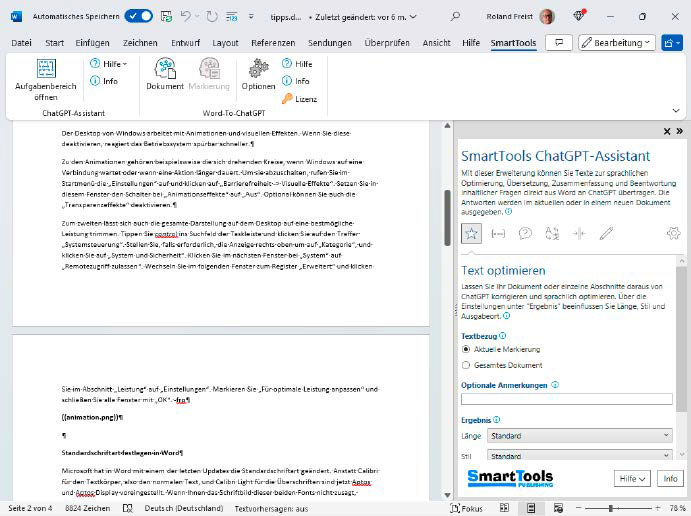 Der ChatGPT-Assistant stellt über die ChatGPTAPI eine direkte Verbindung zur KI her. Damit können Sie Texte direkt von Word aus zur Bearbeitung übertragen.