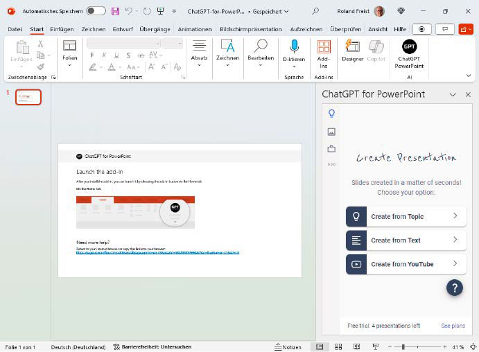 ChatGPT for Powerpoint gestaltet Präsentationen auf Basis eines Themas, eines Textes oder auch eines Youtube-Videos. Die Präsentation kann aus bis zu sieben Folien bestehen.