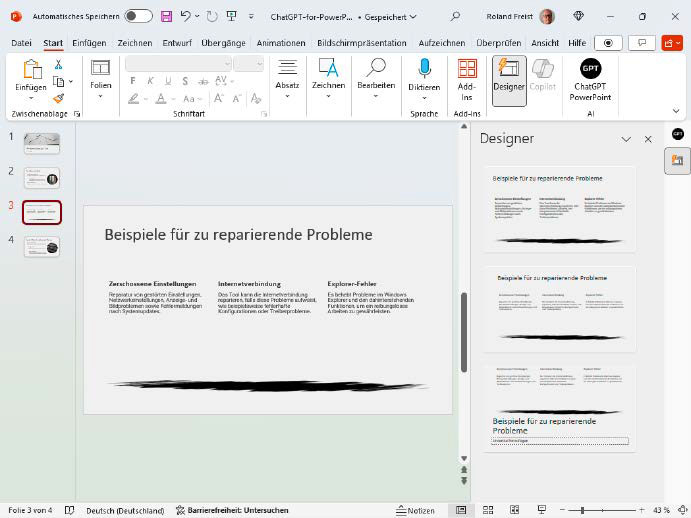 Das Youtube-Video darf in der kostenlosen Version von ChatGPT for Powerpoint maximal fünf Minuten lang sein. Für die Folien bietet die Software leider nur drei Designvorlagen an.