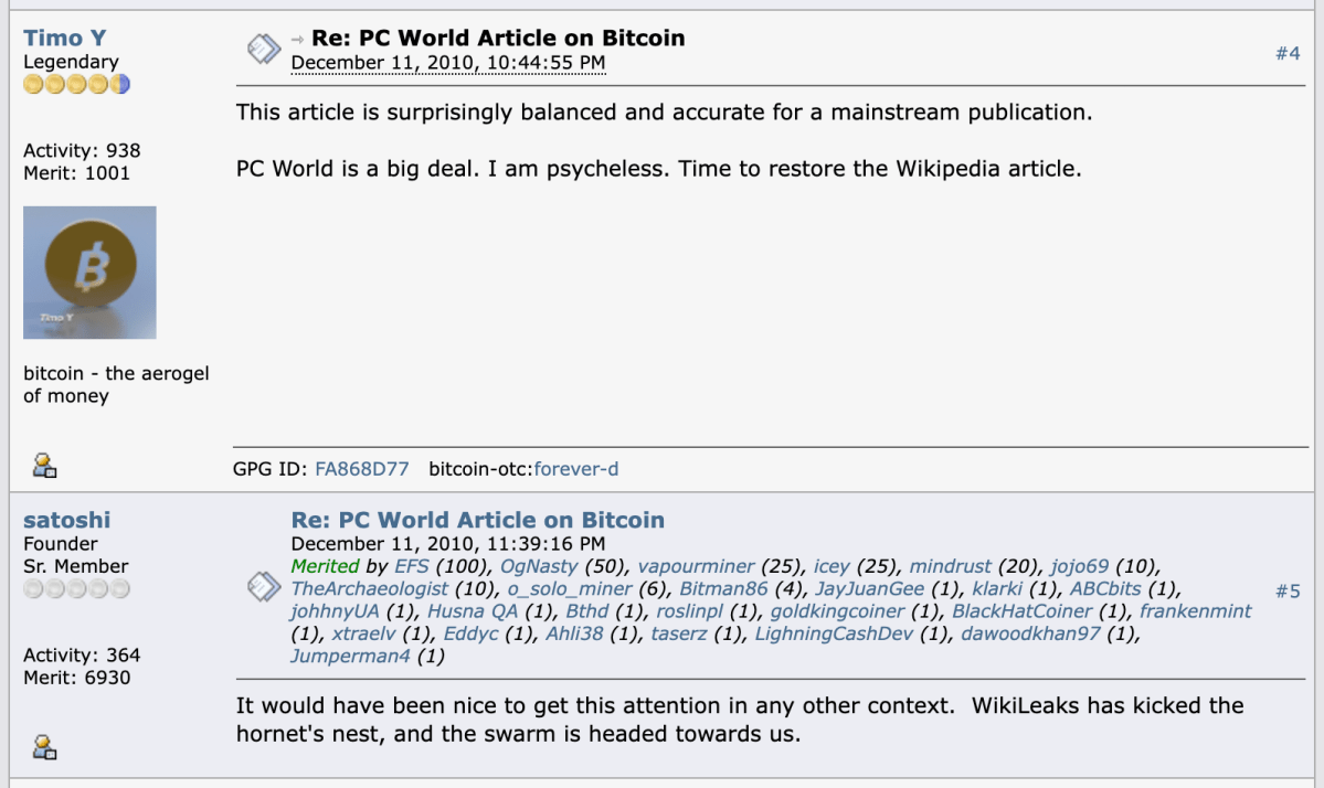 Satoshi Nakamoto Bitcoin Forum Post