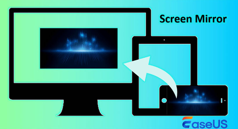 Screen mirroring graphic depicting a phone, tablet and TV