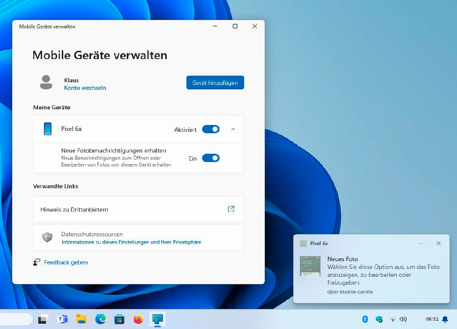 Windows 11 verknüpft das Android-Smartphone und den PC über die neue Option „Mobile Geräte“. Sobald man neue Fotos macht, erscheint am Rechner jeweils ein Hinweis.