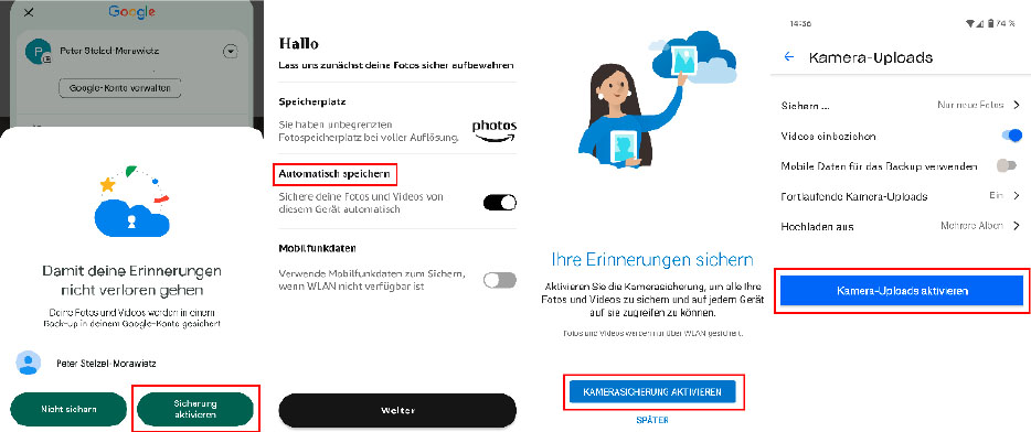  Die Smartphone-Apps von Google, Amazon, Microsoft und Dropbox (von links) speichern Fotos automatisch in der Cloud.