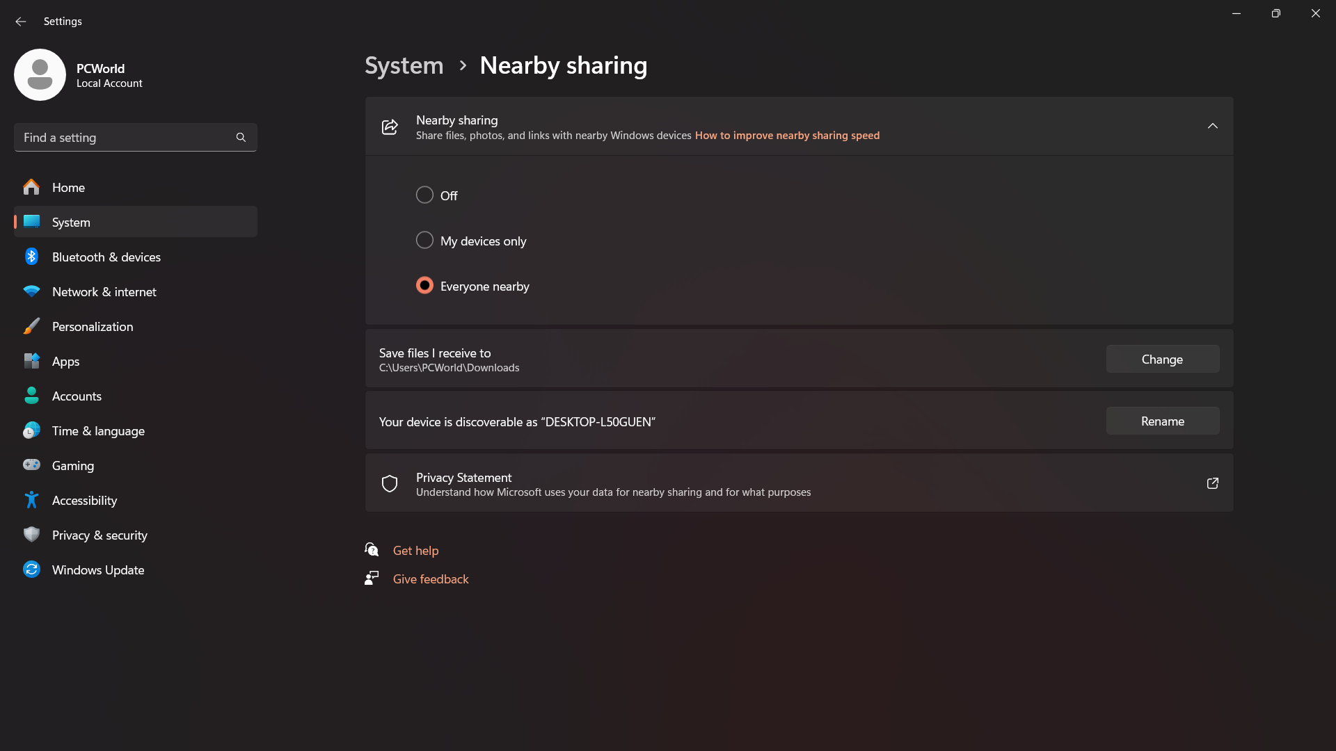 windows nearby sharing settings