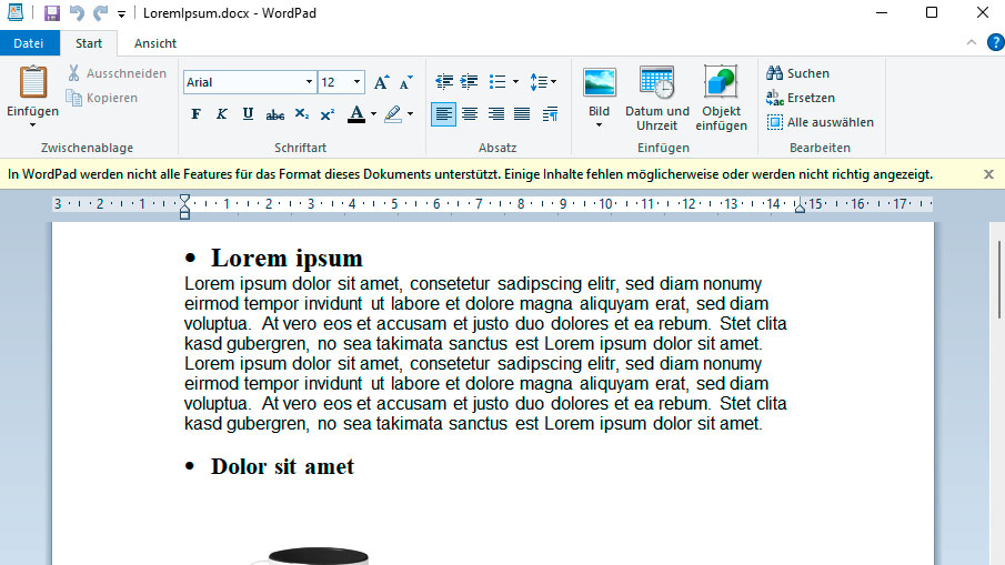 Noch ist Wordpad vorhanden: Die kleine Textverarbeitung genügt einfachsten Ansprüchen und kann gängige Dokumentformate öffnen – oft jedoch unter Verlust von Formatierungen.