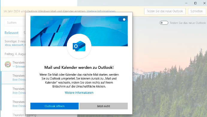 Zwangsumstellung: Nutzer der App „Mail und Kalender“ bekommen ein Angebot zum Umstieg auf Outlook, das sich jedoch nicht wirklich ablehnen lässt.