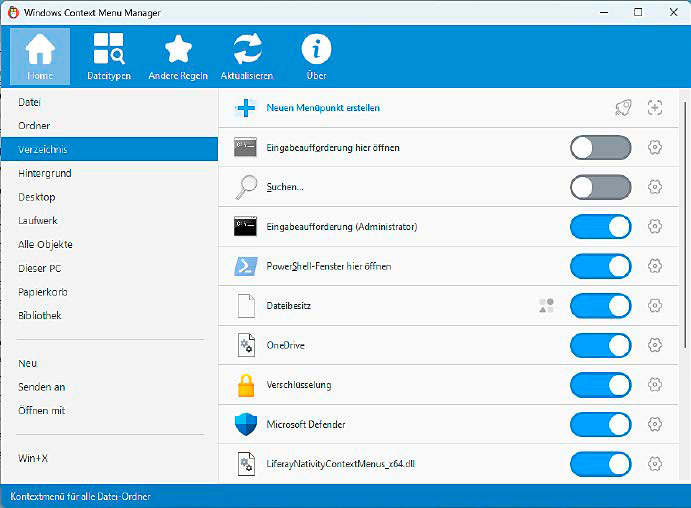 Kontextmenü bearbeiten: Mit Context Menu Manager können Sie Kontextmenüpunkte zum Windows-Explorer und Desktop ausblenden und neue Einträge hinzufügen.