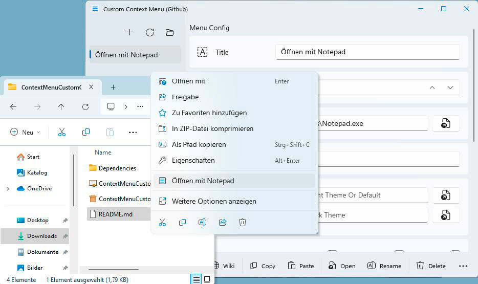 Kontextmenü von Windows 11 erweitern: Mit Context Menu Custom bauen Sie neue Einträge in das Menü ein, beispielsweise um einen bestimmten Dateityp mit einer anderen App zu öffnen.