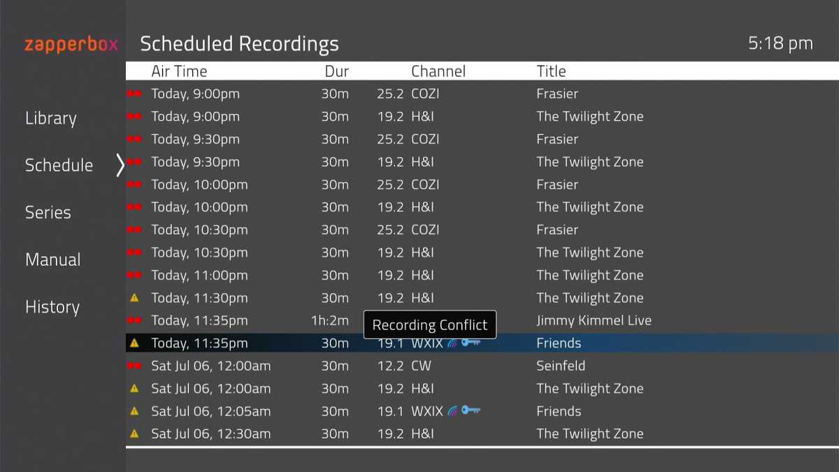 ZapperBox M1 schedule menu