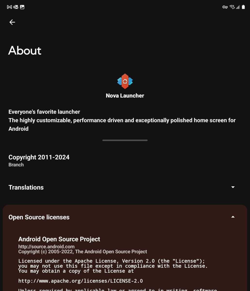 nova Launcher about screen