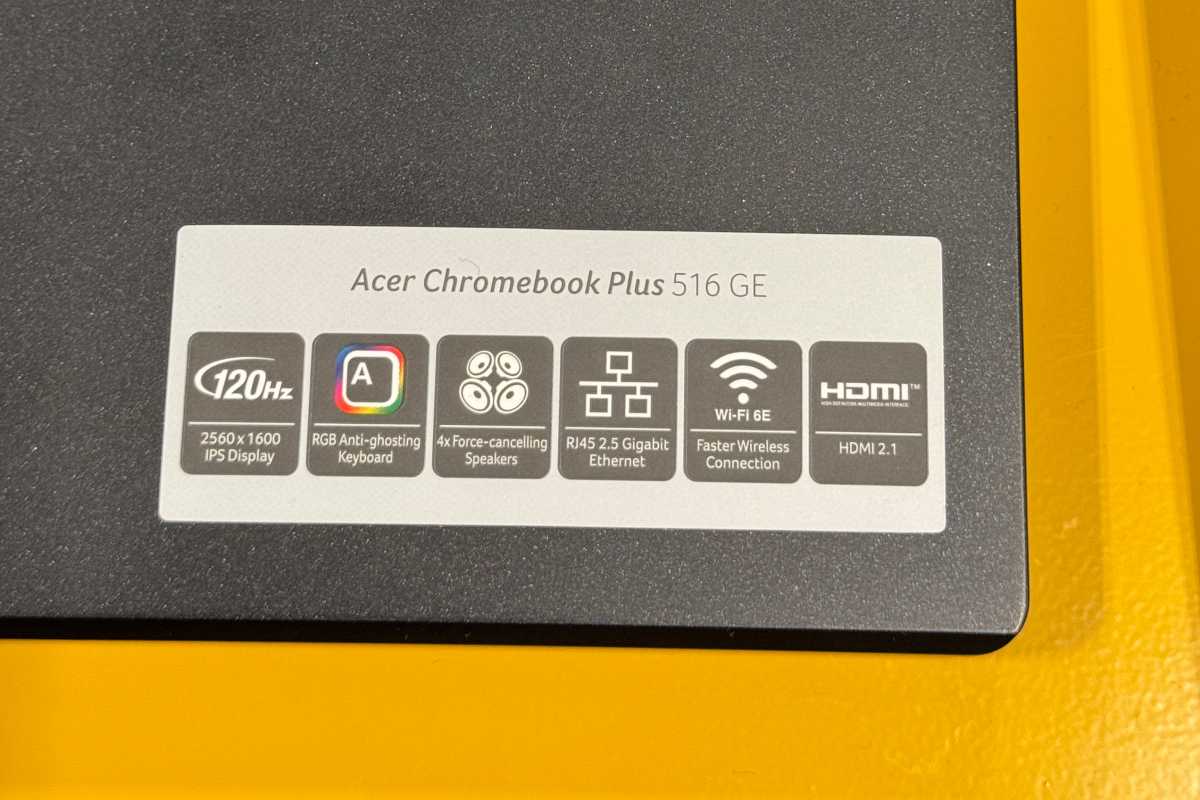 Acer Chromebook Plus 516 GE laptop sticker with features