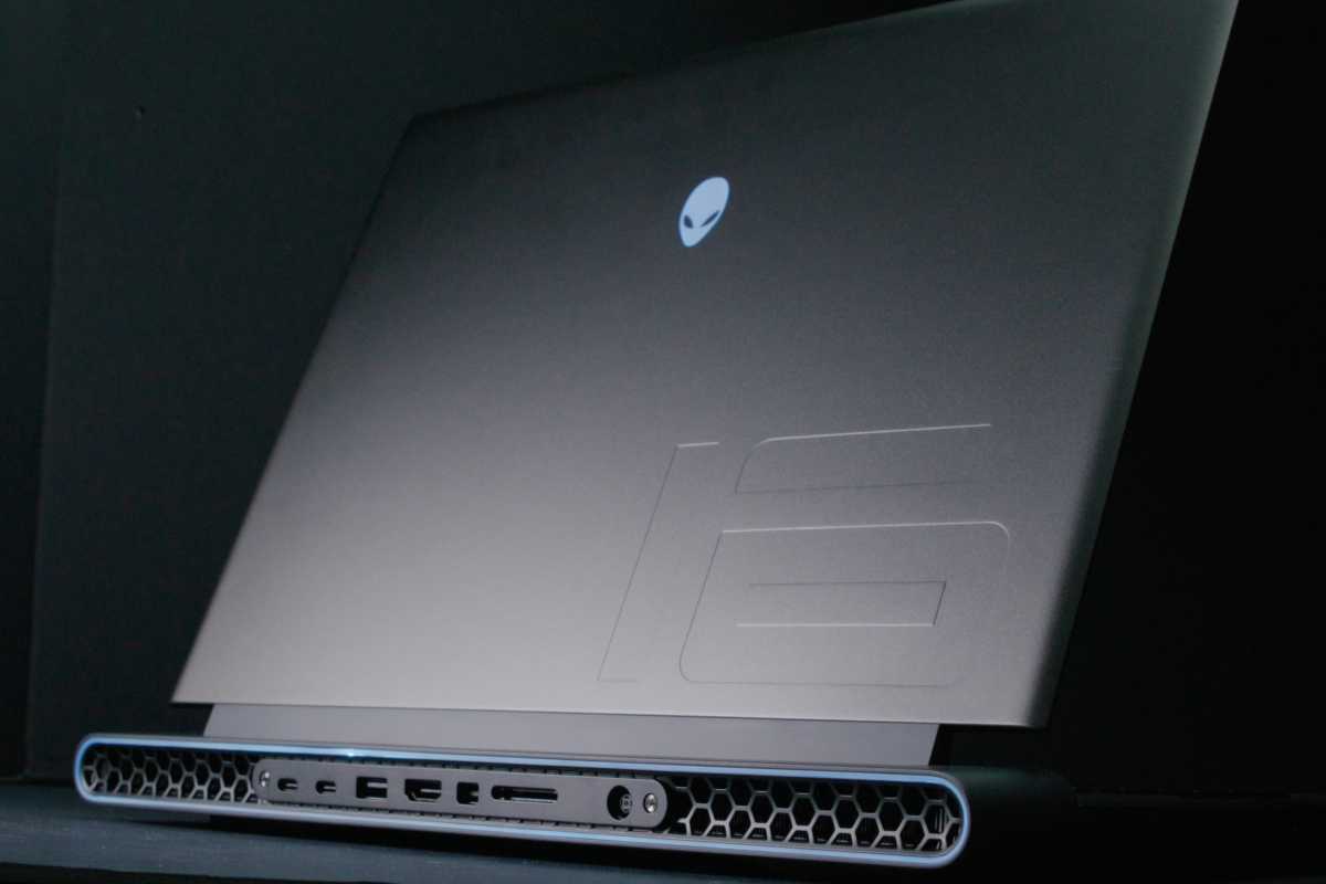 Alienware M16 gaming laptop back view with logo and exhaust vents