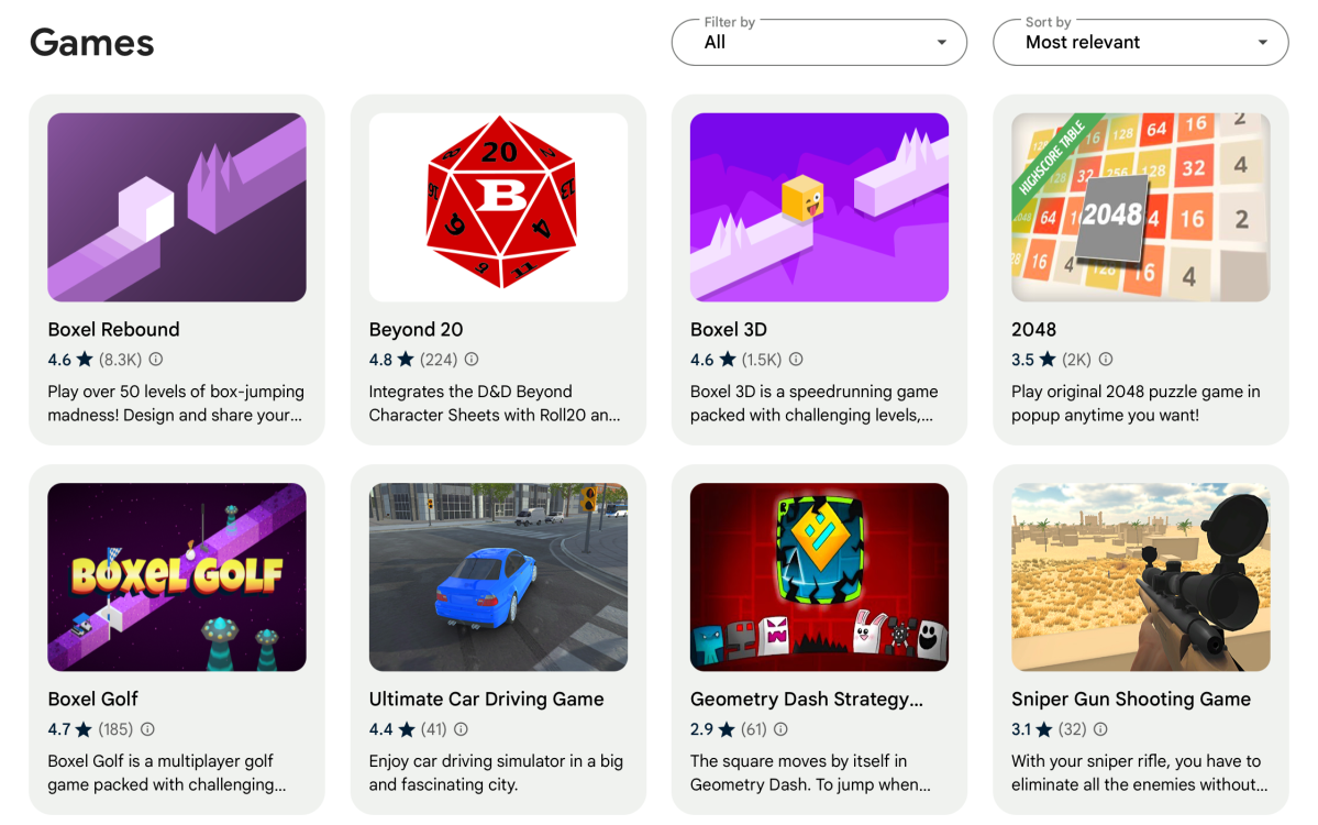 Chrome Web Store games section with eight different titles