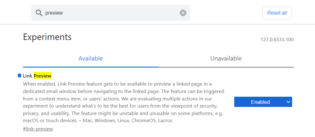 Chrome flags page with Link Preview feature highlighted and enabled