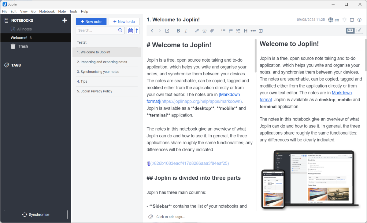 Screenshots from Joplin, the best note-taking app for students