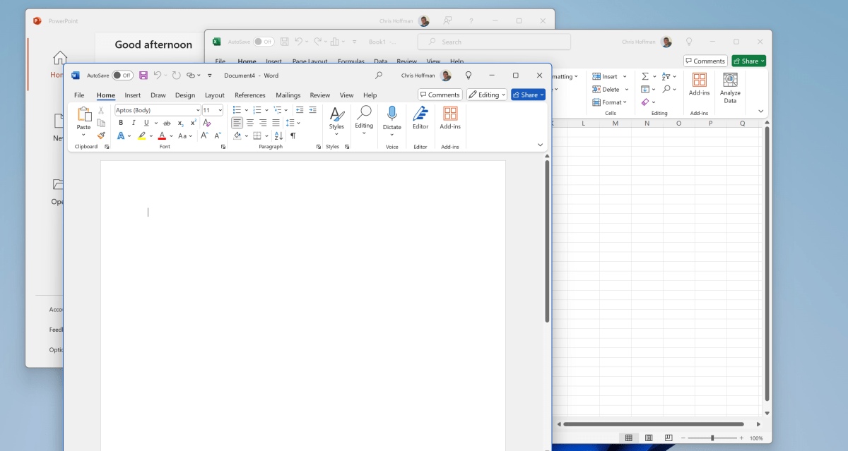 Microsoft Office apps Word Excel and PowerPoint overlapping screenshot