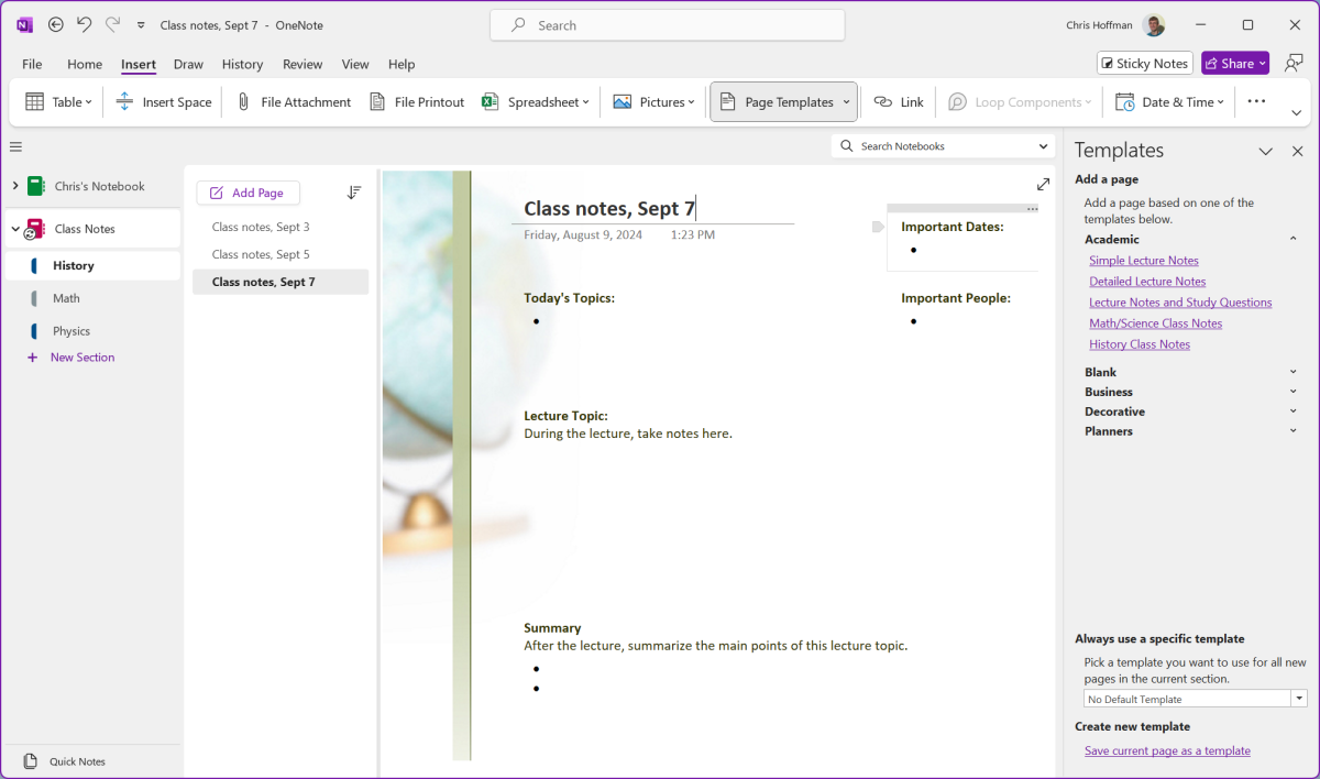 Microsoft OneNote screenshot as best note-taking app for students