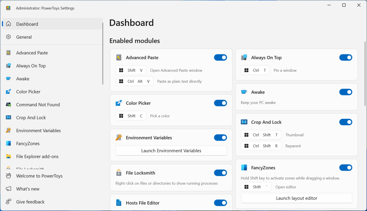 Microsoft PowerToys dashboard overview of enabled modules and features screenshot